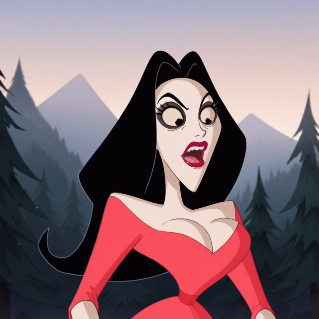 score_8_up, BREAK, maxineschreck, 1girl, solo, black hair, long hair, black eyes, lipstick, cleavage, red dress, upper body, <lora:MaxineSchreck_SFLV_PXL_Leaf1:1> ,  outdoors,