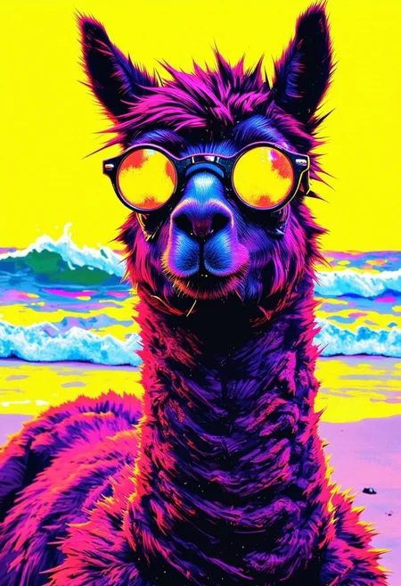bo-neon, ArcaneFGTNR, a digital illustration in a vibrant, gothic style, A Alpaca wearing cool sunglasses, lounging on a sandy beach with waves crashing behind. The lobster's red shell gleams in the sunlight, and its oversized sunglasses reflect the bright blue sky., 
in the style of hauntingly atmospheric dark fantasy, VHS, horror, 80's horror with vibrant colors the background is a solid, bright yellow, which contrasts sharply with vivid colors, stand out vividly, the overall composition is dynamic, high quality, ultra detailed, colorful, grainy, cyberpunk fantasy
