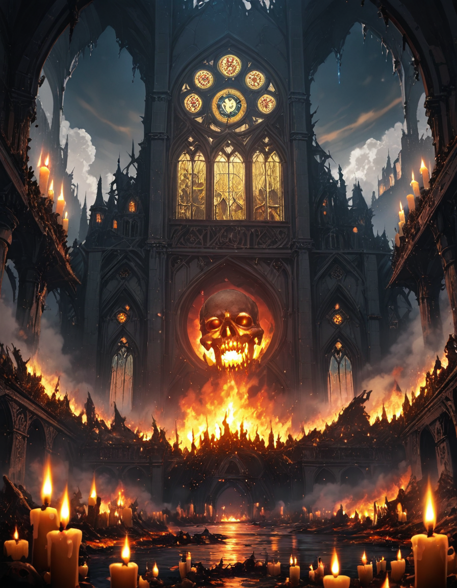 <lora:SW01v1-5xl:1> EFFD02, imagination, epic world, clouds, open jaw, breaking in, halos of light in the darkness of space, fire, EFFY01, epic scale chamber, detailed black robed dark wizard with a skull face, candles, medieval detailed architecture, detailed wall carvings, occult medieval ceremony, stained glass windows, bokeh, fantasy, T8 trees, green, blue, waves, ruins, T10, motion, spacecraft, cyberpunk city, mist, skull,