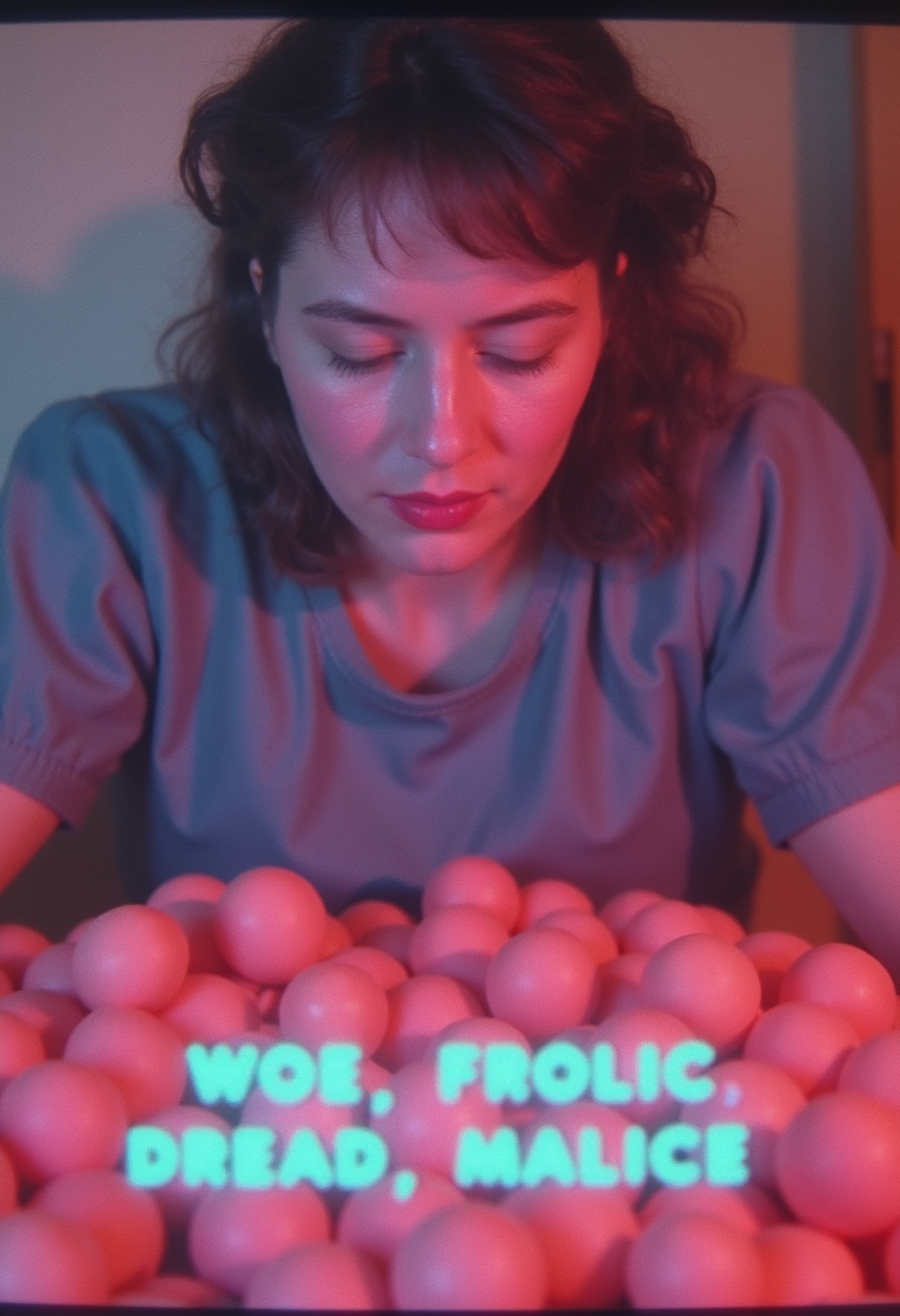 A blurry VHS capture of a Wellness Session gone wrong, a woman in a gray smock staring blankly as melon balls spill across the floor, 'WOE, FROLIC, DREAD, MALICE' pulsing in neon cyan text, analog glitches warping her face into a zombie-like grin, soft pinks clashing with cold fluorescence."