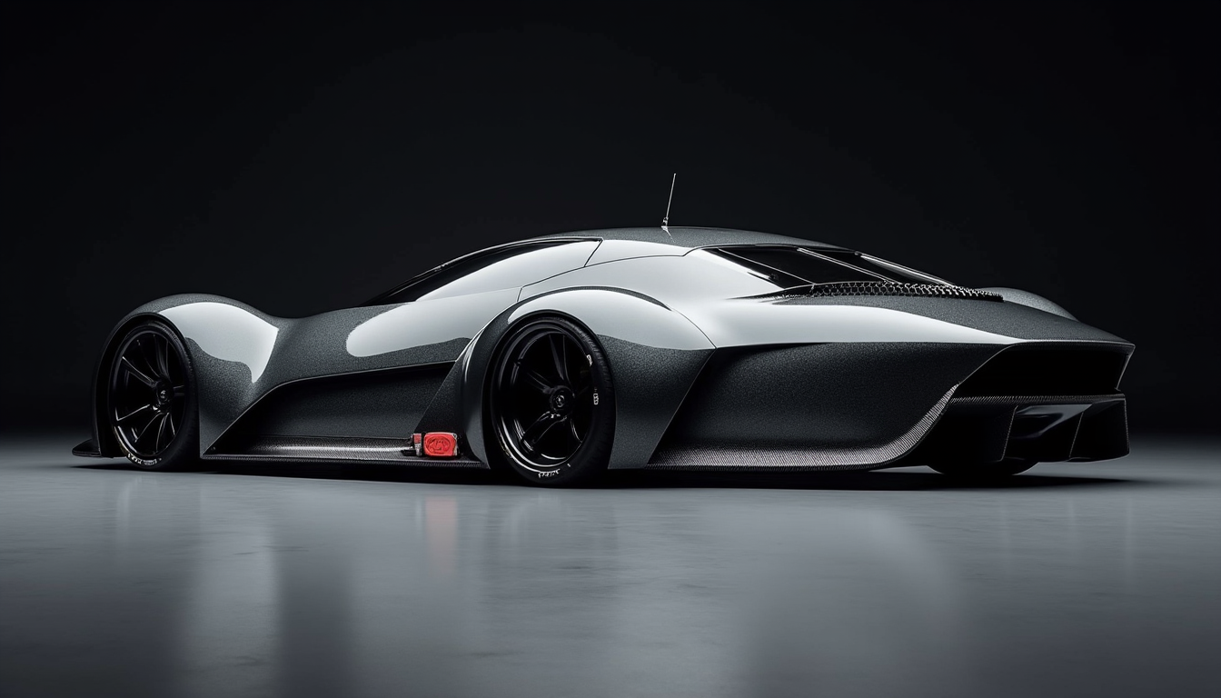 A picture of a futuristic race car prototype similar to a Audi 200 Quattro yfg-sde in a dark studio. Perpendicular shot from the side.