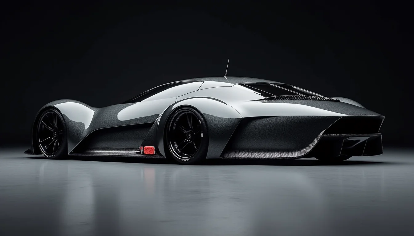 A picture of a futuristic race car prototype similar to a Audi 200 Quattro yfg-sde in a dark studio. Perpendicular shot from the side.