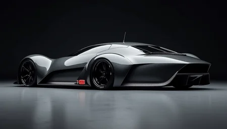 A picture of a futuristic race car prototype similar to a Audi 200 Quattro yfg-sde in a dark studio. Perpendicular shot from the side.