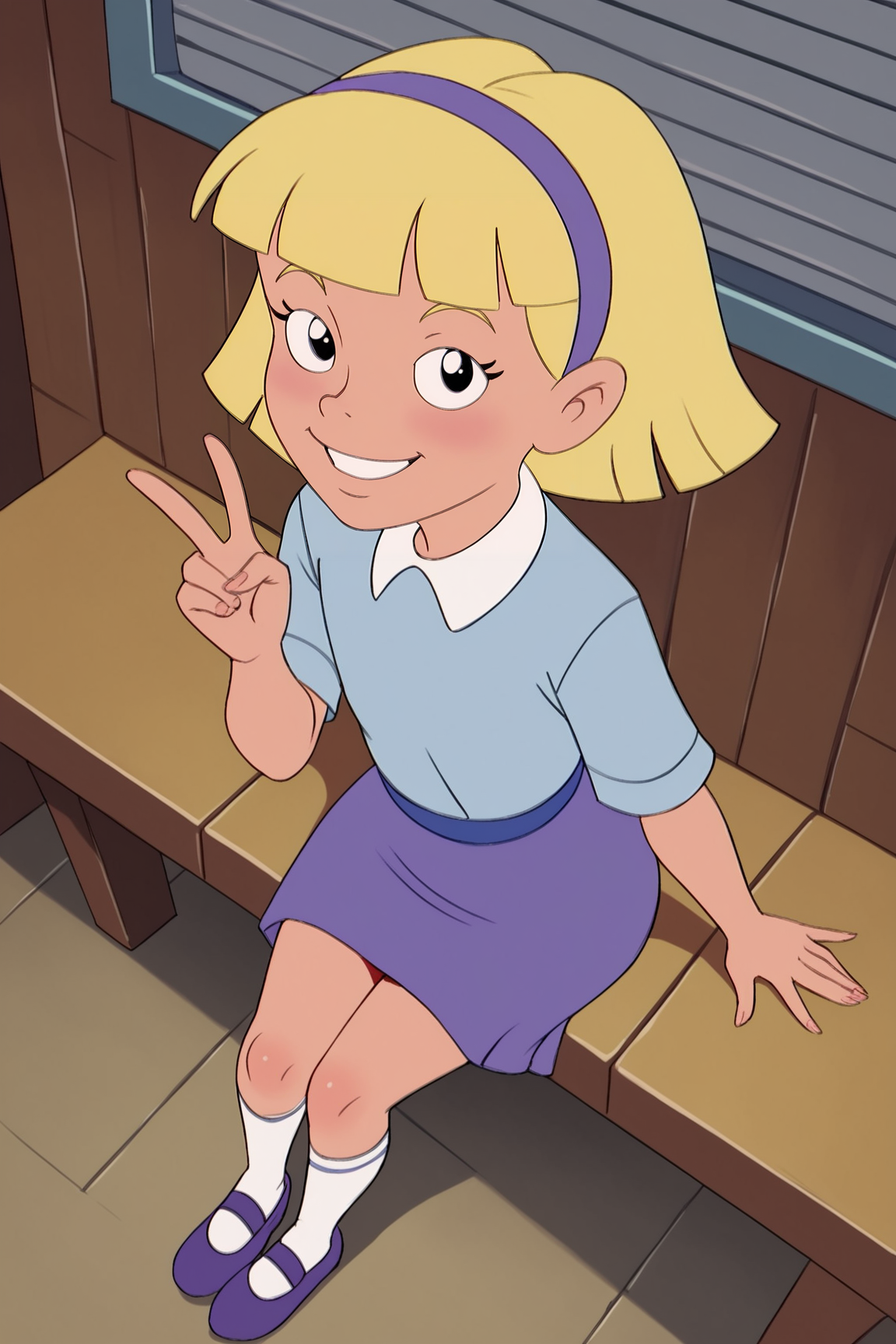score_9, score_8_up, score_7_up, score_6_up, BREAK, AnnikaSPLXL, retro artstyle, blonde hair, short hair, blunt bangs, purple hairband, female child, flat chest, white collar shirt, blue shirt, short sleeves, purple skirt, white socks, purple shoes, solo, full body, sitting, above view, peace sign, seductive smile, looking at viewer, indoors <lora:AnnikaSPLXL:1>