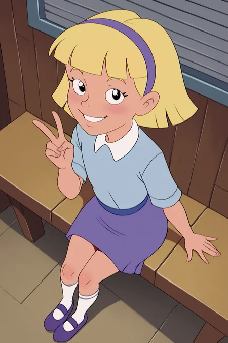 score_9, score_8_up, score_7_up, score_6_up, BREAK, AnnikaSPLXL, retro artstyle, blonde hair, short hair, blunt bangs, purple hairband, female child, flat chest, white collar shirt, blue shirt, short sleeves, purple skirt, white socks, purple shoes, solo, full body, sitting, above view, peace sign, seductive smile, looking at viewer, indoors <lora:AnnikaSPLXL:1>