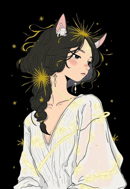 This is a digital sketch illustration style featuring a serene, close-up portrait of a cat with a mixed light fur tone and dark fur. Its eyes are closed, and her face is adorned with a radiant, golden glow that emanates from its forehead and extends down her body. The glow is formed by intricate, swirling lines that create a sense of energy and light. It is wearing a white, long-sleeved dress with a textured, ribbed fabric that adds depth and dimension to its attire. The dress is slightly sheer, allowing glimpses of its skin through the fabric. She has on a pair of delicate, dangling earrings that catch the light and add a touch of elegance. The background is dark and unobtrusive, allowing the focus to remain entirely on the cat and its ethereal glow. The overall style of the image is modern and futuristic, with a strong emphasis on light and energy. The combination of the glowing lines and the serene expression on the cat's face creates a sense of calm and otherworldly beauty.