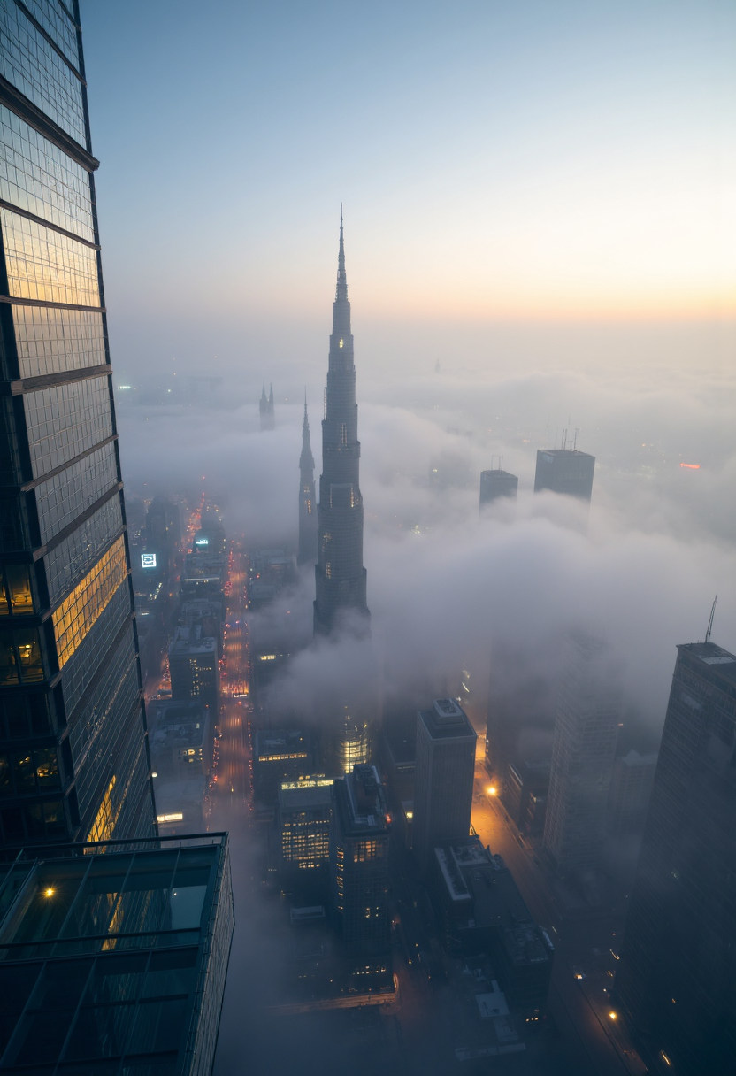 From the observation deck of the world's tallest skyscraper, we look down upon a megalopolis shrouded in mist. The spires of other skyscrapers pierce through the fog like islands in a cotton sea. Far below, the grid of city streets glows softly, while overhead, the first stars of evening become visible. The deck's glass floor creates a vertiginous effect, with nothing but a kilometer of empty air between the viewer and the ground. Extreme high-angle shot with forced perspective to emphasize height. Minimalist watercolor style with a muted palette of grays, soft yellows, and deep blues,