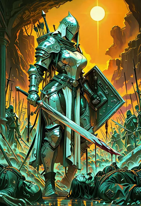 masterpiece, best quality, good quality, very awa, newest, highres, absurdres,  1girl, dress, large breasts, wide hips, thick thighs, holding, weapon, boots, multiple girls, sword, white dress, holding weapon, armor, blood, holding sword, wolf helmet, gauntlets, 6+boys, shield, injury, sun, arrow \(projectile\), fantasy, battle, knight, full armor, holding shield, death, orange sky, corpse, impaled, protecting, limited palette, h4ra_illu <lora:illustriousXL_stabilizer_v1.23:0.3> <lora:NOOB_vp1_detailer_by_volnovik_v1:0.3> <lora:ponyv6_noobE11_2_adamW-000017:0.3> <lora:114558v4df2fsdf5:0.6> <lora:XXX667:0.4> <lora:-_iLL_-_the_edgy_mech_V2.0-:0.8>