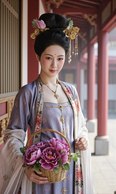 Top Atmosphere Photography Works, extremely realistic, Art by Zhang Jing,
In springtime Chang'an of the Tang Dynasty, a gracefully plump young (noblewoman/HWF, MUDAN) wears a high-waisted ruqun ensemble: an upper jacket of twill damask with floral medallions, layered over gradient skirts, draped with a sheer silk shawl. Her hair is arranged in a high chignon adorned with step-shake hairpins and kingfisher feathers. She holding a flower basket, brimming with vivid purple-red peonies of layered petals. Smiling directly at the viewer, her crescent-shaped eyes sparkle while natural blush graces her cheeks. The background shows hazy vermilion pillars and Taihu scholar's rocks, with soft light filtering through begonia-shaped lattice windows. Rendered in meticulous court painting style blending Dunhuang mural color palette, with exquisite details reminiscent of Zhou Fang's "Court Ladies Adorning Their Hair with Flowers" from the Tang Dynasty.
(photorealistic:1.5), (Extremely realistic, masterpiece, top quality, official art, best quality, beautiful and aesthetic:1.2), 4k, 8k, very rich details, 24bit colors, vivid colors, cinematic color grading, landscape,