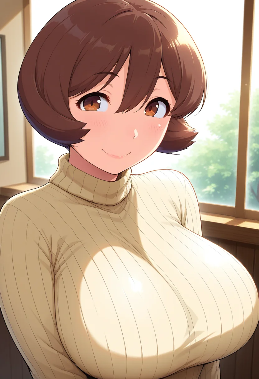 masterpiece, best quality, amazing quality, 1girl, solo, (portrait:1.2), toyookaww, mature female, brown eyes, brown hair, medium hair, hair between eyes, huge breasts, turtleneck sweater, ribbed sweater, looking at viewer, smile, indoors, day, skindentation, detailed clothing folds, depth of field, sharp, high contrast, dynamic light <lora:Toyooka-Sensei_Kanente-san_to_ill_v11:0.9>