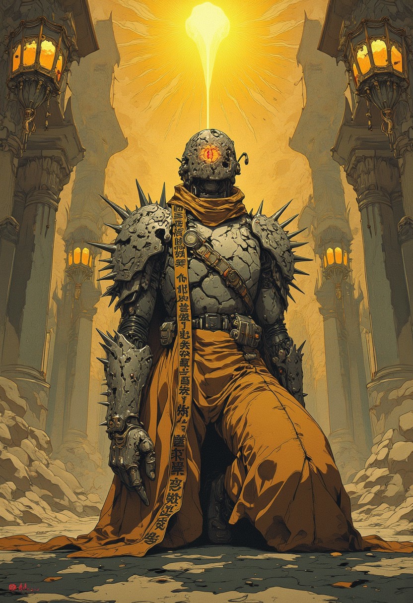 cyberpunk, DreamArt, anime_martz, anime_source, A lone figure kneels before a shattered throne in a grand, abandoned palace, their elaborate attire a mix of flowing silks and jagged shards of crystalline armor. The faint glow of ancient chandeliers reflects off the gold inlaid in their cracked gauntlets, while a long, ribbon-like sash drapes from their waist, inscribed with the names of lost ancestors. Their face, half-covered by a fragmented mask, reveals an eye glowing with an otherworldly sorrow, its fractured iris shifting like molten amber. The air around them is thick with floating dust, illuminated by the golden beams of a sun long set beyond the kingdom’s ruined walls.