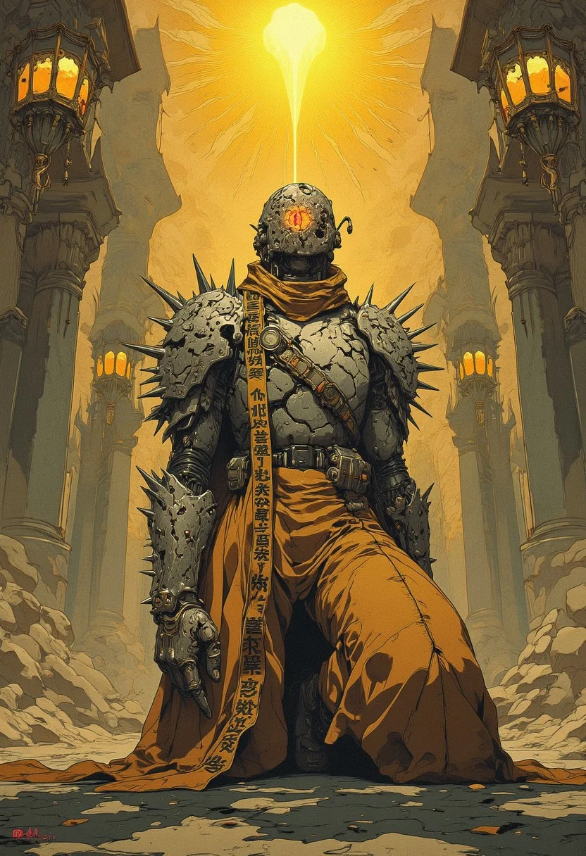 cyberpunk, DreamArt, anime_martz, anime_source, A lone figure kneels before a shattered throne in a grand, abandoned palace, their elaborate attire a mix of flowing silks and jagged shards of crystalline armor. The faint glow of ancient chandeliers reflects off the gold inlaid in their cracked gauntlets, while a long, ribbon-like sash drapes from their waist, inscribed with the names of lost ancestors. Their face, half-covered by a fragmented mask, reveals an eye glowing with an otherworldly sorrow, its fractured iris shifting like molten amber. The air around them is thick with floating dust, illuminated by the golden beams of a sun long set beyond the kingdom’s ruined walls.