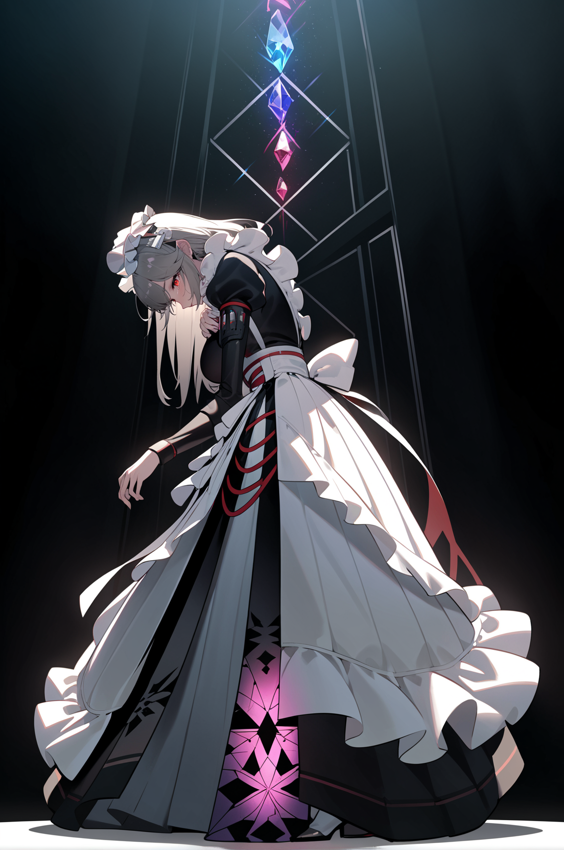 1girl, full body, best quality, high detail, 
<lora:rina-A3-Tanger-000014:0.7>, rina, rina's def clothes, long dress, 1girl, red eyes, maid, grey hair, maid headdress, straight large breasts, apron, 
She crossed her arms over her chest and looked down to one side, head_down, crying, crying, tears streaming down my face, tears, sadness, 
dynamic pose, extreme aesthetics, art photography, film lens, film light and shadow, 
simple_black_background, black and white theme, Sense of coordination, sense of order, mathematics beauty, (cover design), (cover art), ((trim)), album_art, official art, (Master's work), 
chessboard, chess, white geometry, black geometry, reflection, crystal_art, pattern_design, creative, Mystery pattern, black crystal decorate, black crystal, (architectural art), ((geometric art)), pattern design, creative, 
------, 
Low saturation, grand masterpiece, Perfect composition, film light, light art,