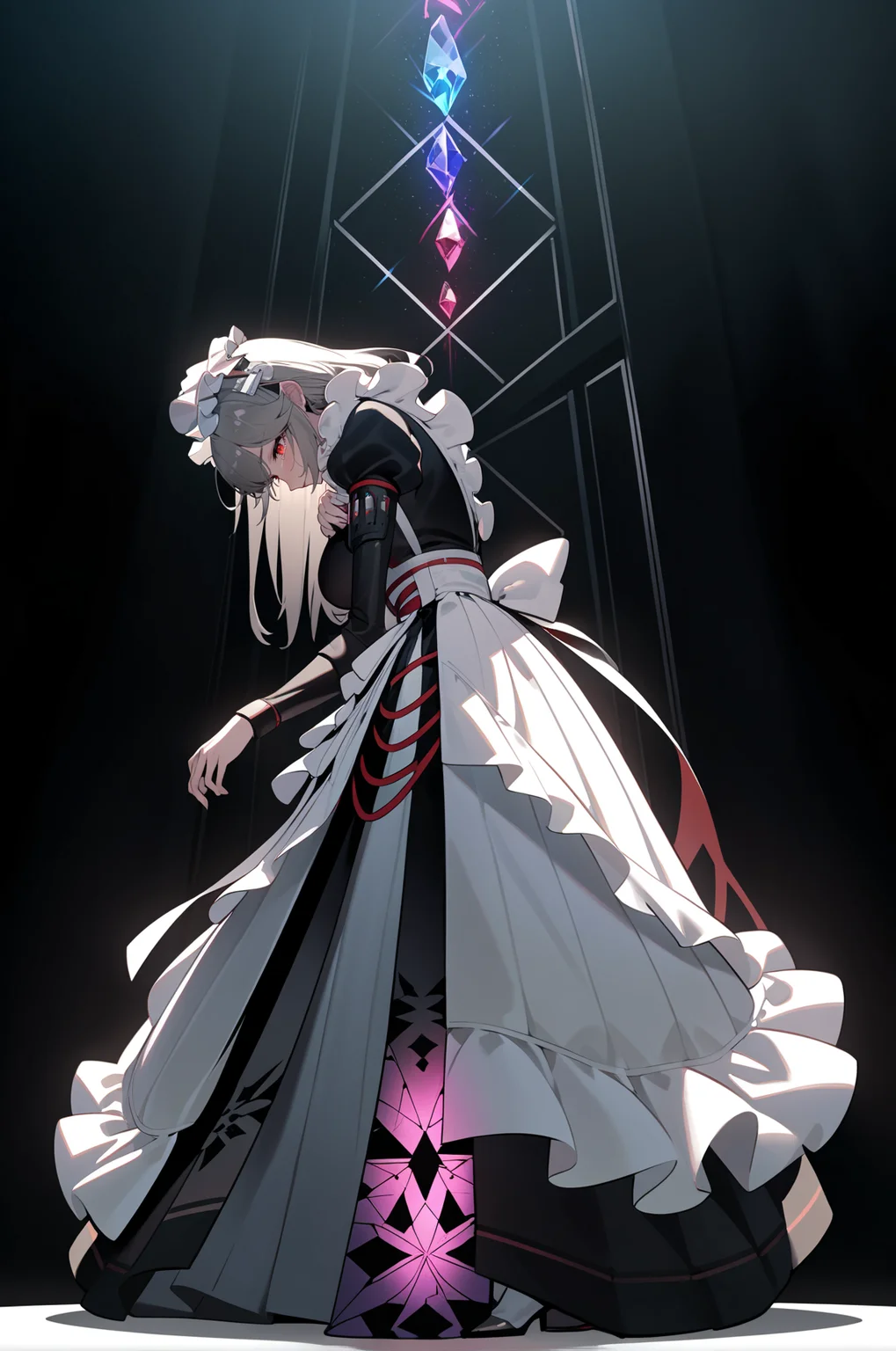 1girl, full body, best quality, high detail,
<lora:rina-A3-Tanger-000014:0.7>, rina, rina's def clothes, long dress, 1girl, red eyes, maid, grey hair, maid headdress, straight large breasts, apron,
She crossed her arms over her chest and looked down to one side, head_down, crying, crying, tears streaming down my face, tears, sadness,
dynamic pose, extreme aesthetics, art photography, film lens, film light and shadow,
simple_black_background, black and white theme, Sense of coordination, sense of order, mathematics beauty, (cover design), (cover art), ((trim)), album_art, official art, (Master's work),
chessboard, chess, white geometry, black geometry, reflection, crystal_art, pattern_design, creative, Mystery pattern, black crystal decorate, black crystal, (architectural art), ((geometric art)), pattern design, creative,
------,
Low saturation, grand masterpiece, Perfect composition, film light, light art,