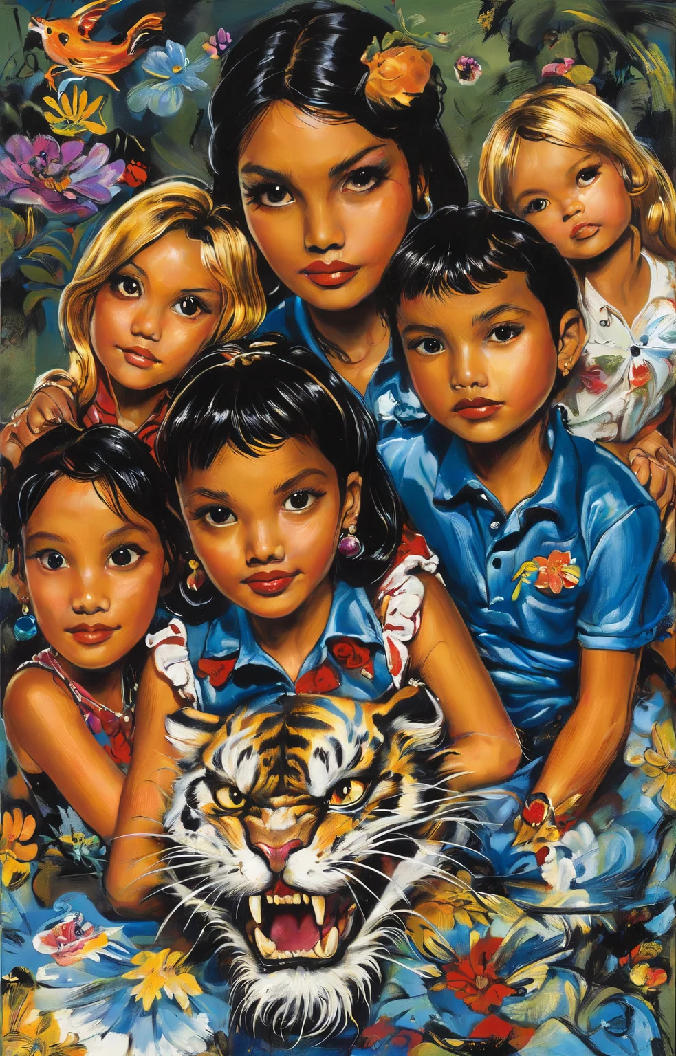 masterpiece,best quality,<lora:tbh271-sdxl:0.9>,illustration,style of Ed Hardy portrait of family