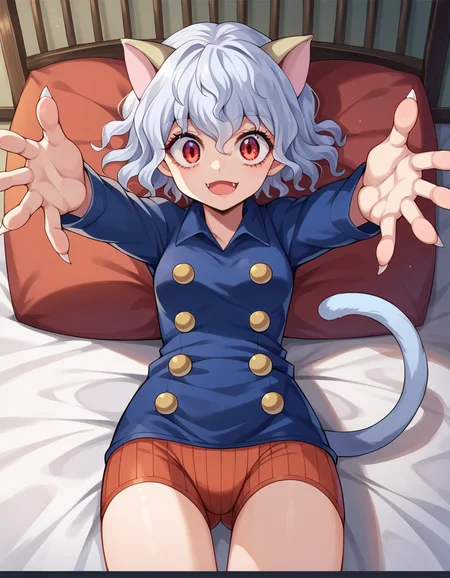 score_9, score_8_up, score_7_up, source_anime,
neferpitou, <lora:neferpitou-ponyxl-lora-nochekaiser:1>,
neferpitou, short hair, red eyes, animal ears, tail, white hair, cat ears, cat tail, curly hair, smile,
long sleeves, shorts,
indoors, bed, bed room, on back, arm support, arms up, incoming hug, pov, reaching, reaching towards viewer,
looking at viewer, dutch angle, cowboy shot,