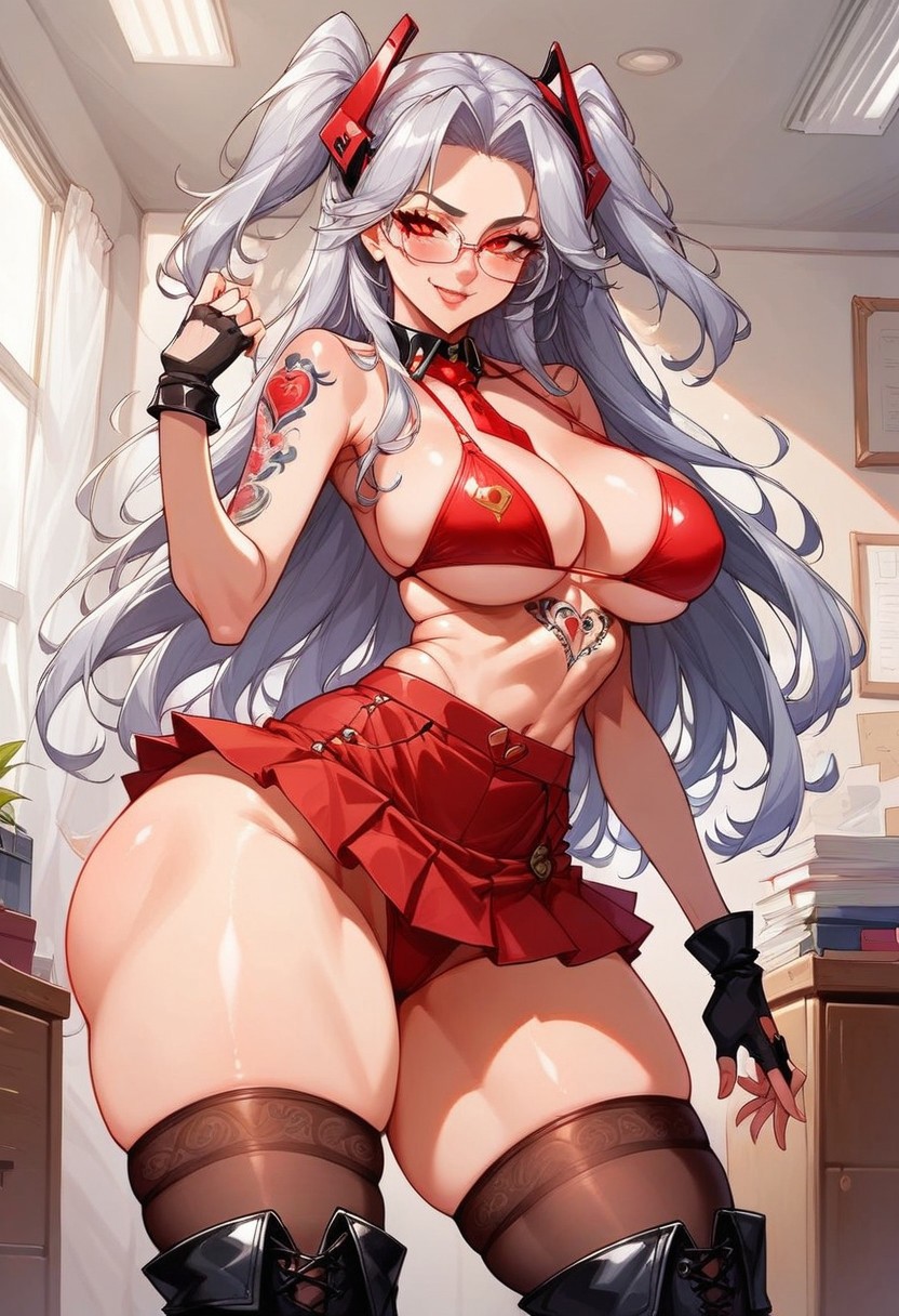 score_9_up, source_anime, beautiful face, beautiful eyes, detailed eyes, detailed face,
1girl, solo, girl solo, slobber, hourglass shaped body, curvy figure, office room,
front view, ( gloves, boots, thigh boots,headgear, fingerless gloves, red mini bikini, stockings with garters, red skirt,
dynamic standing pose,  pose, seductive pose, (half body:1.2),lewd face, slutty a lot, ewd face, slutty a lot, horny eyes, smug, high waisted thongs, high waisted thongs,
huge ass, huge tits, 
beautiful anime face, detailed anime face,
(wide hips),
BREAK
MusashiNk,glasses,  two side up, gray hair, long hair,, tattoos, large ass, huge ass, lewd, slutty,