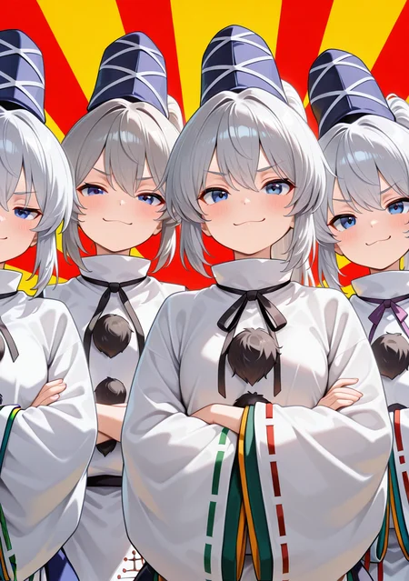 masterpiece, best quality, absurdres, perfect lighting,shiny skin,<lora:spo_sdxl_10ep_4k-data_lora_webui:0.6>,lineup,(mononobe no futo:1.5), <lora:girls_lineup_IL:1>,doyagao, smug,crossed arms, sunburst background, yellow background, red background,