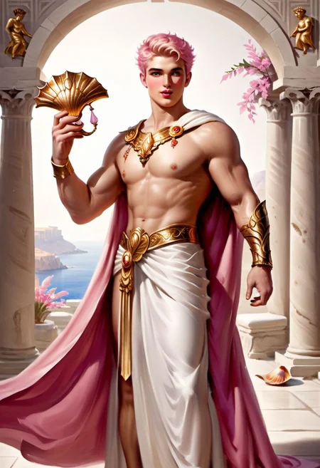 4k, digital art, semi realistic, fantasy, best quality, masterpiece, very detailed, wide camera angle, dynamic camera angle, dynamic pose, back view, pov from the back, looking back, portrait of a muscular male, 20 years old, masculine, friendly, seductive, pale skin, pastel pink hair, short hair, smooth face, round face, gorgeous, happy, plumped lips, puffy lips, big lips, big eyes, videogame eyes, defined eyes, defined eyebrows, pink nipples, greek god, wearing a flowy white tunic with a golden laurel, holding a mirror, standing on a temple with a big seashell, ancient greece, daylight on the background, (cinematic light, volumetric), splash art