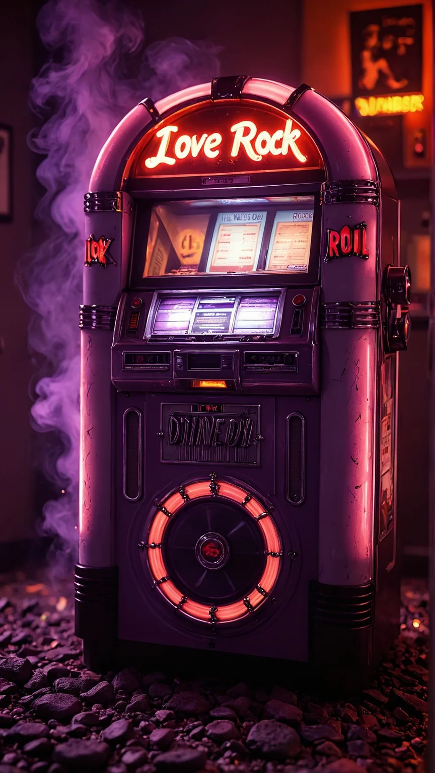 Experimental Photo art, crazy camery angle, Flux-style, Black and Purple ("I love rock and roll, put another dime in the jukebox, baby.":1.3) , background is lava pit, indoors, Hazy conditions, shallow depth of field, photograph,
, <lora:aidma-Image Upgrader-v0.1:0.6>, detailmaximizer,
<lora:aidmaFluxStyleXL-v0.2:0.45>