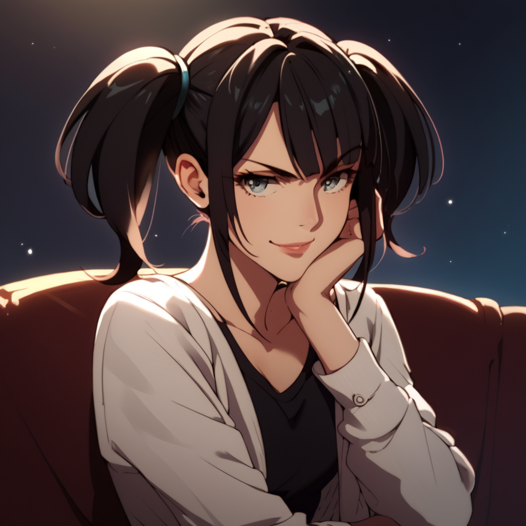 score_9, score_8_up, score_7_up, score_6_up, score_5_up, score_4_up, source_anime,  Glass, black hair, twintails, , smirk, sitting, portrait