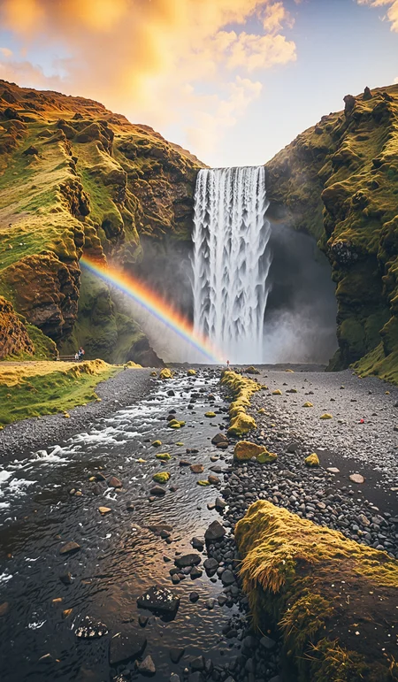 Dramatic summer sunrise on Skogafoss Waterfall. Fabulous morning landscape of Skoga river. Gorgeous outdoor scene of Iceland, Europe, split lighting, award-winning, selective focus. Dramatic unusual scene. Beauty world. Retro filter and vintage style. Instagram toning effect, breathtaking photograph, lensflare and bokeh effects, heavy film grain, shot on kodachrome with post-processing artifacts, reflecting particle effects, slight double exposure