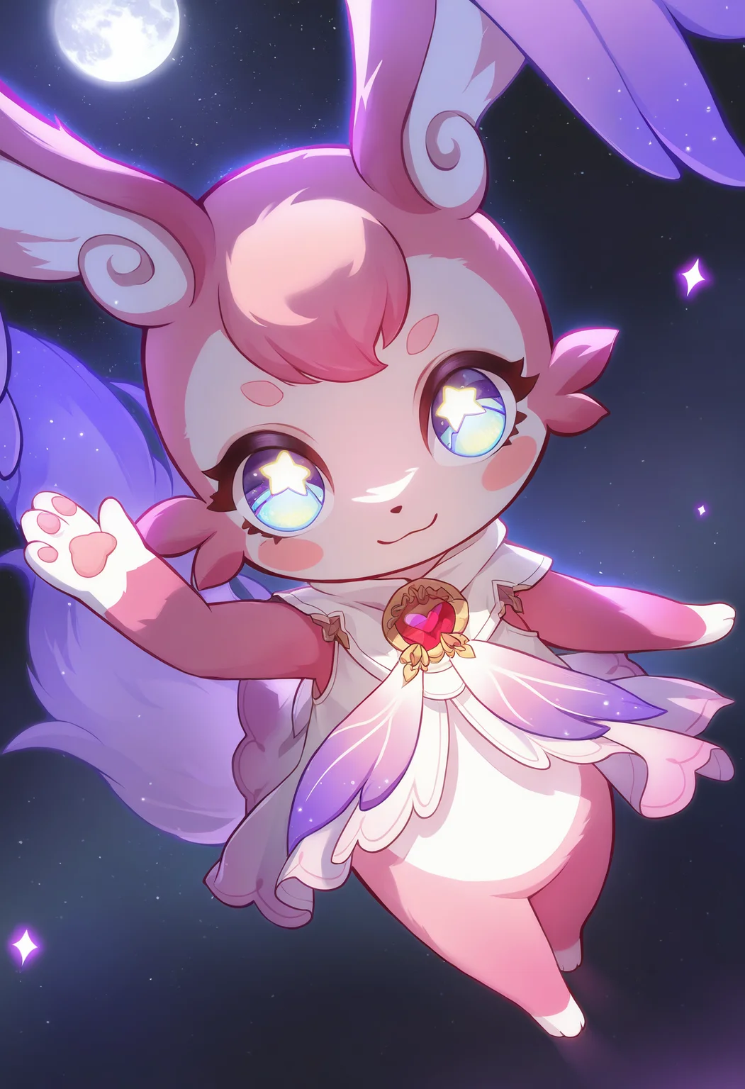 masterpiece,best quality,amazing quality,very aesthetic,high resolution,ultra-detailed,absurdres,highres,newest,
MIMI_HSR,black background,blue eyes,solo,white dress,simple background,full body,pink fur,standing,smile,looking at viewer,star-shaped pupils,closed mouth,:3,white pupil,waving,night scene,moon in the sky,purple hues,starry night,dreamlike atmosphere,glowing edges,mystical,high contrast,ethereal light,light particles,
cowboy shot,depth of field,dutch angle,
foreshortening,dynamic angle,volumetric lighting,light leaks,Cinematic Lighting,<lora:MIMI_HSR-000046:1>