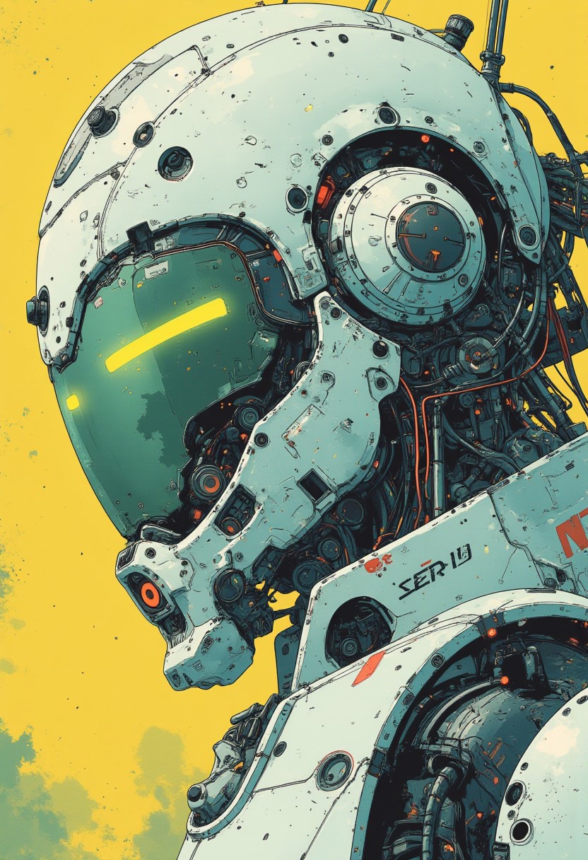 detailed cyberpunk anime image, masterpiece, closeup view of a battle robot, white ceramic armor, reflective faceplate, glowing circuitry, robot joints and cables, masterpiece, perfect composition