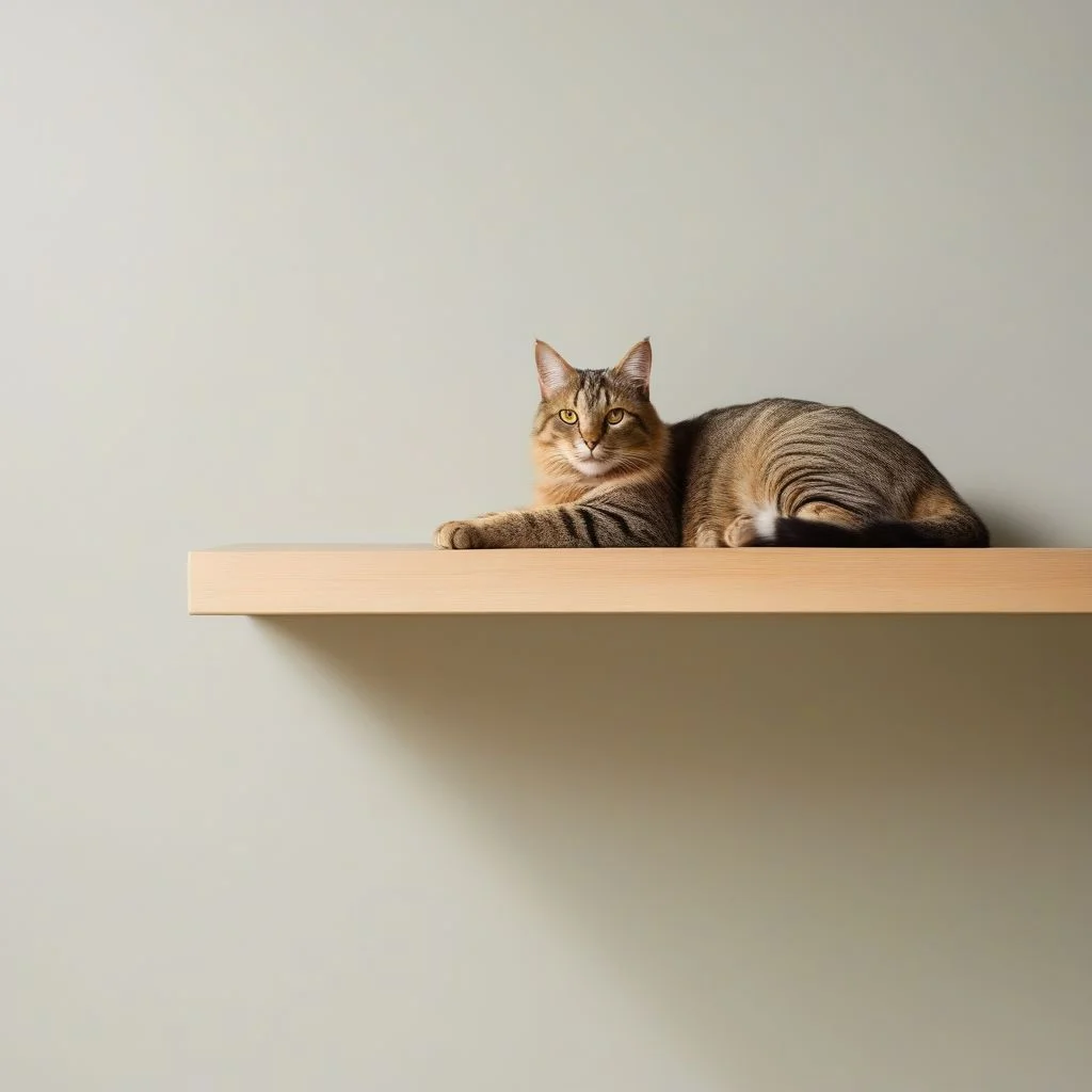 best quality, high res, eye_level, full_body, (comp_right), a cat, lying, (on side), on a shelf,