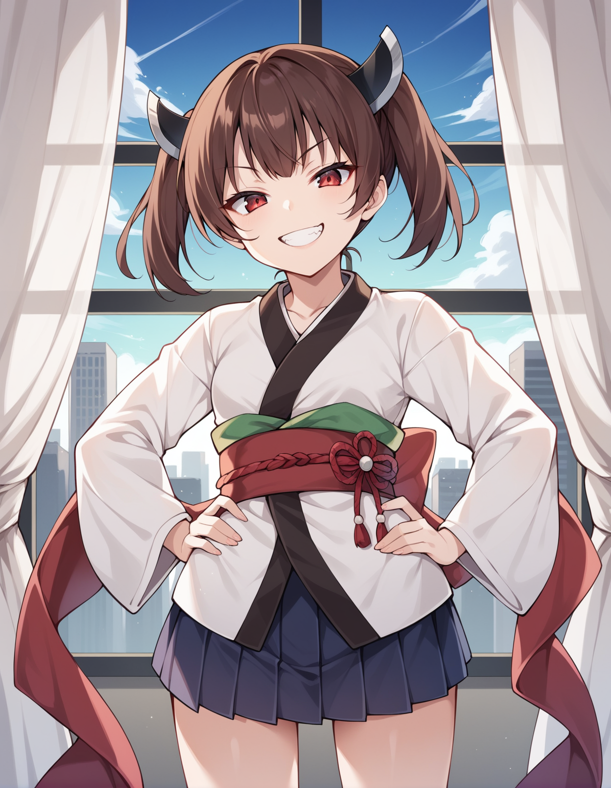 score_9, score_8_up, score_7_up, score_6_up, score_5_up, score_4_up, source_anime, rating_safe, BREAK <lora:kiritanXL_LoRA-C3Lier_AdamW_Dim16_Alpha16_UN-3e-4_TE-1.5e-4_10batch_ponyDiffusionV6XL_v6StartWithThisOne:1>, touhoku kiritan, 1girl, brown hair, short hair, short twintails, red eyes, small breasts, headgear, white kimono, gradient kimono, red obi, pink sash, ribbon, long sleeves, wide sleeves, pleated skirt, seductive smile, evil grin, open mouth, hands on own hips, looking down, leaning forward, room, curtains, window, sunset, gradient sky, cloud, cityscape