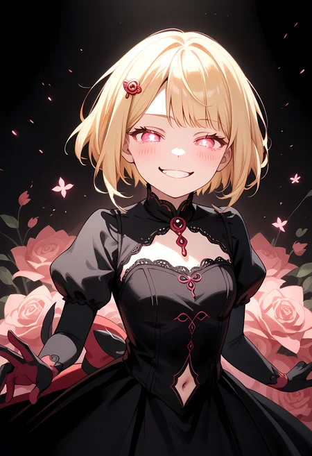 score_9, score_8_up, score_7_up <lora:Capella_pony:0.7> cartoon character ,short hair, and is smiling,pink glowing eyes, blonde hair, gloves, navel, , ,1 girl,solo,blush, Red shiny eyes,,smug,adult,rating_safe,
black rosette hair pins,,detailed face,face focus,black dress,full dress,