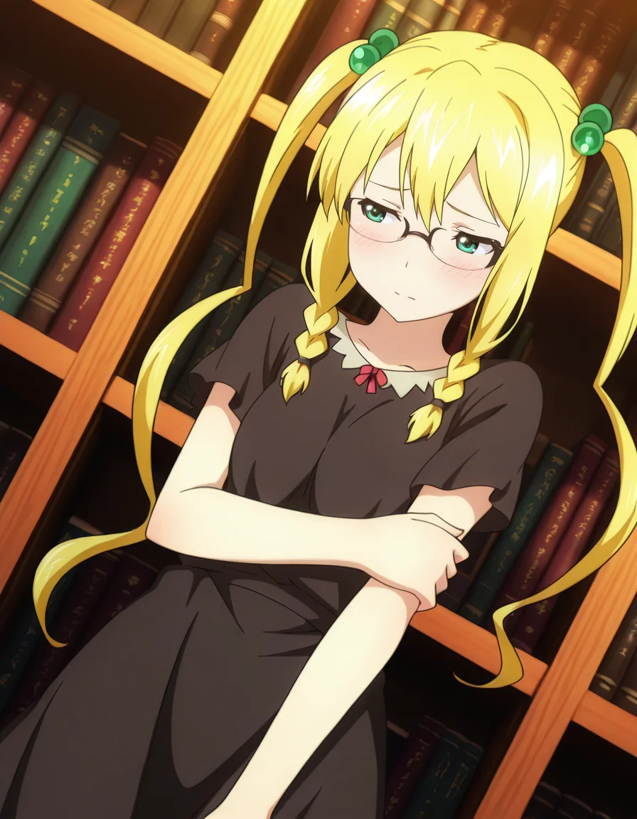 holding own arm, glasses, bookshelf, solo, shy, <lora:Kodama_Himegami_LCD_v01:1> kodamahimegamilcd, braid, twintails, hair bobbles, blonde hair, green eyes, long hair, 
dutch angle, depth of field, HDR, 8K, masterpiece,best quality,amazing quality, highest score,