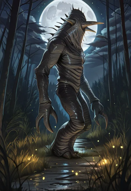 masterpiece,best quality,amazing quality,very aesthetic,absurdres,newest, huge filesize, absurd res, 
pascaH, no face, monster, grey skin, wrinkly body, horns, full body, side view, claws, forest, nighttime, stars, moon, trees, clouds, grass, fireflies, beautiful, glowing, scenery,