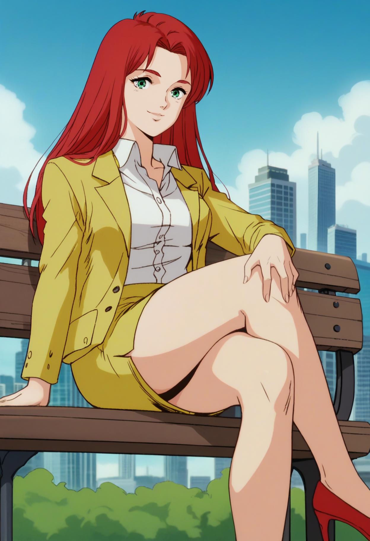 score_9, score_8_up, score_7_up, score_6_up, anime screencap, anime coloring, <lora:G0080CM_epoch_10:0.9>, G0080CM, red hair, green eyes, long hair, breasts, 
suit, yellow jacket, open jacket, collared shirt, yellow skirt, pencil skirt,
red high heels,
looking at viewer, smile, crossed legs, bench, sitting, hand on own knee, 
BREAK outdoors, sky, blue sky, sunbeam, cityscape,