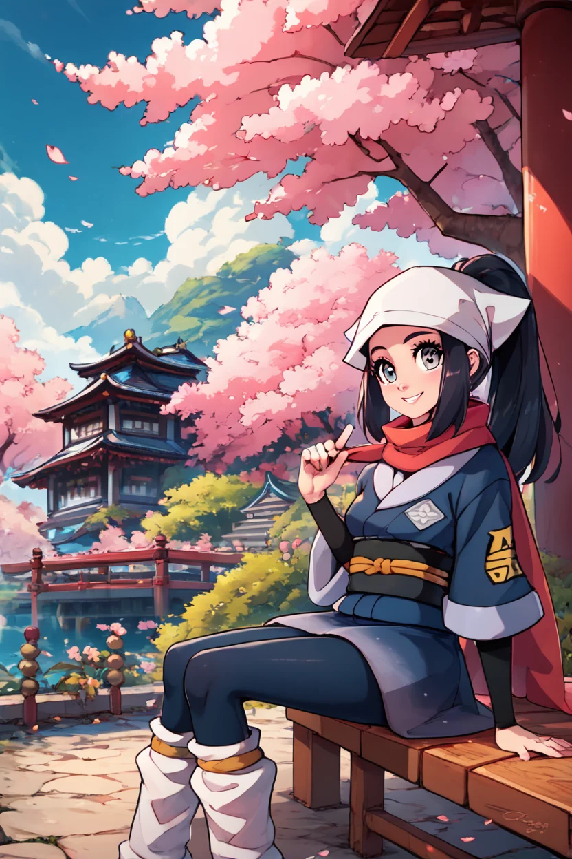 score_9, score_8_up, score_8, medium breasts, (curvy), cute, eyelashes, BREAK, , ,,, zzAkari, grey eyes, eyelashes, black hair, long hair, white headwear, sidelocks, ponytail, black pantyhose, black undershirt, jacket, loose socks, pantyhose, red scarf, sash, <lora:Akari_Pokemon_PDXL:0.8>, ,,,, BREAK, sitting on bench, side view, smile, looking at viewer, cowboy shot, ,,, BREAK, pnkBldng, sky, day, cloud, tree, blue sky, building, architecture, east asian architecture, ,,, BREAK, embedding:zPDXL, Expressiveh, ,,, <lora:PinkBuildingsPDXL_v2:0.6>, <lora:SDXLFaeTastic2400:0.5>, <lora:Expressive_H-000001:0.4>