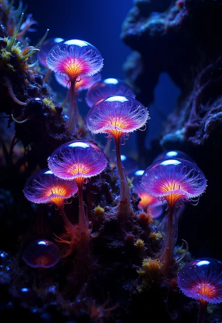 alienplants mushrooms glowing under water, deep sea photogrpahy