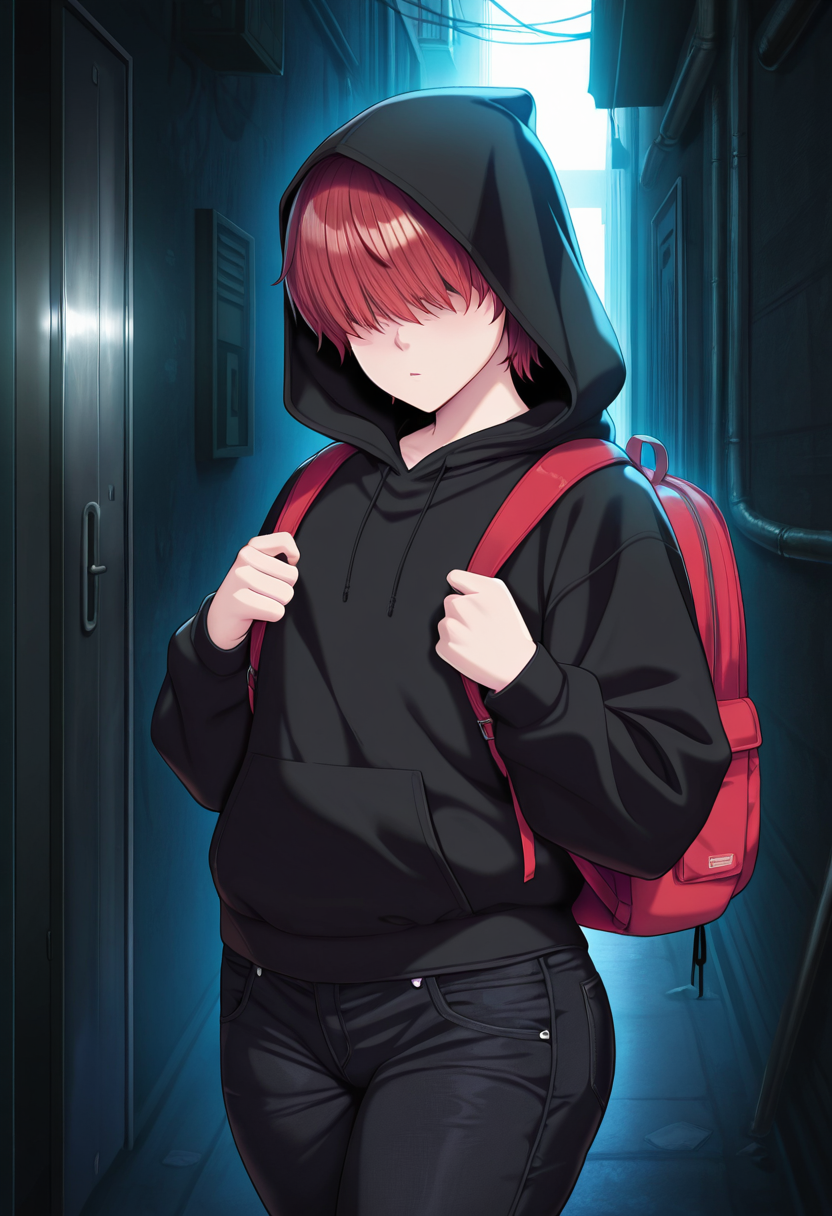 masterpiece, best quality, amazing quality, ,solo focus, 1male, short hair, asian, hair over eyes, red hair, black hood, black denim pants, backpack, cowboy shot, pose, dark alley, metal door, intricate details, dim light, <lora:Inoue_Nanaki_Style_IL:1>