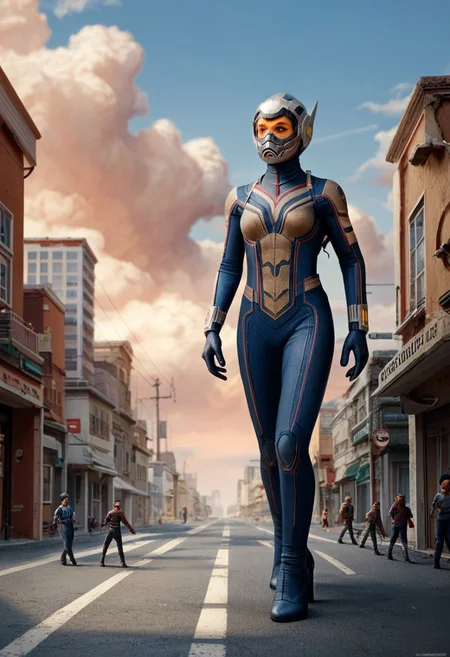 hopevandyne, bodysuit, helmet, goggles, standing on a street, full body image ,sky, clouds, score_9, score_8_up, score_7_up, score_6_up, score_5_up, score_4_up, giantess, extreme size difference, city, elegant pose, sparks, malfunctioning suit