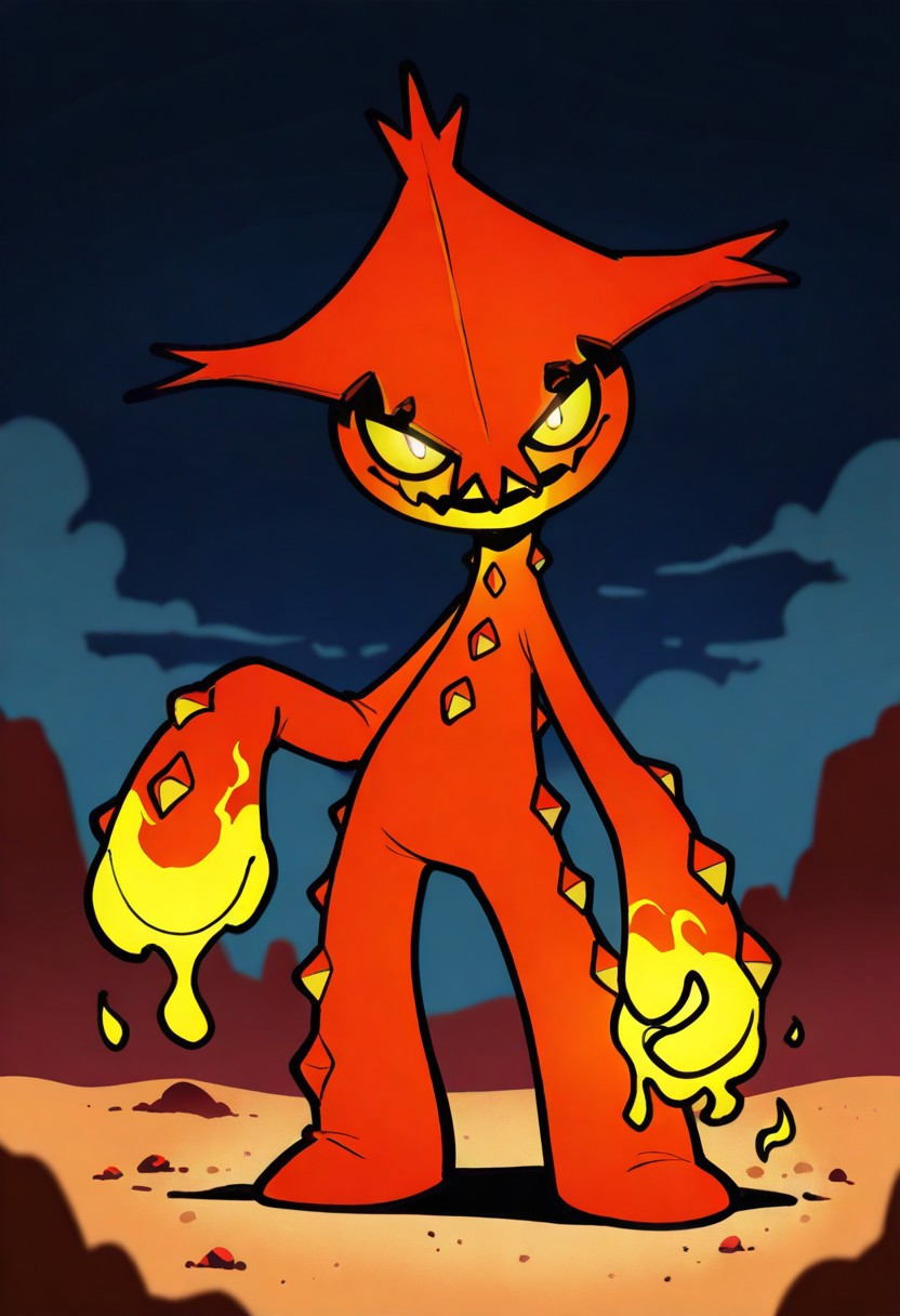 itsunknownanon, solo, feral, pokemon \(creature\), cacturne, glowing eyes, yellow eyes, red and yellow body, Magma body, lava coming from mouth, fire coming from hands, burning hands, stone body, top heavy body, looking at viewer, head tilt, simple background, outdoors, night, desert, fog, dark background, masterpiece, absurdres, ultra-detailed, sharp details, natural light, medium contrast, crisp edges, sharp focus, depth of field, cartoonish, female, simple arms, simple legs, sinister demeanor