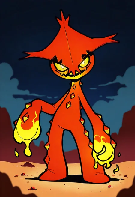 itsunknownanon, solo, feral, pokemon \(creature\), cacturne, glowing eyes, yellow eyes, red and yellow body, Magma body, lava coming from mouth, fire coming from hands, burning hands, stone body, top heavy body, looking at viewer, head tilt, simple background, outdoors, night, desert, fog, dark background, masterpiece, absurdres, ultra-detailed, sharp details, natural light, medium contrast, crisp edges, sharp focus, depth of field, cartoonish, female, simple arms, simple legs, sinister demeanor
