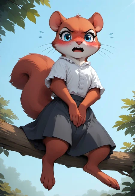 score_9, score_8_up, score_7_up, score_6_up, score_5_up, score_4_up, 

[][],

(solo), (((squirrel))), (red fur, blue eyes), (frilly white shirt, black skirt), (squirrel sitting on a tree branch), (fluffy tail),

[][][][],

cute, feral,

[][][][],

outdoors, sitting, tree, (low angle view:1.2), (looking at viewer, embarrassed expression, angry expression), (hands covering crotch), side view, front view, (open mouth:0.8),