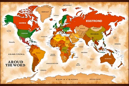Stable_Yogis_PDXL_Positives,<lora:sdxl_lightning_8step_lora:1>,a Modern englisch World Map,(Text " Around the World":1.2),top down View,