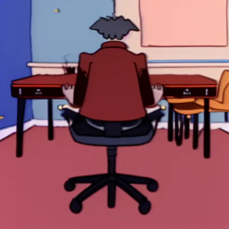 from behind, collared shirt, solo, formal, multiple boys, male focus, facial hair, chair, glasses, jacket