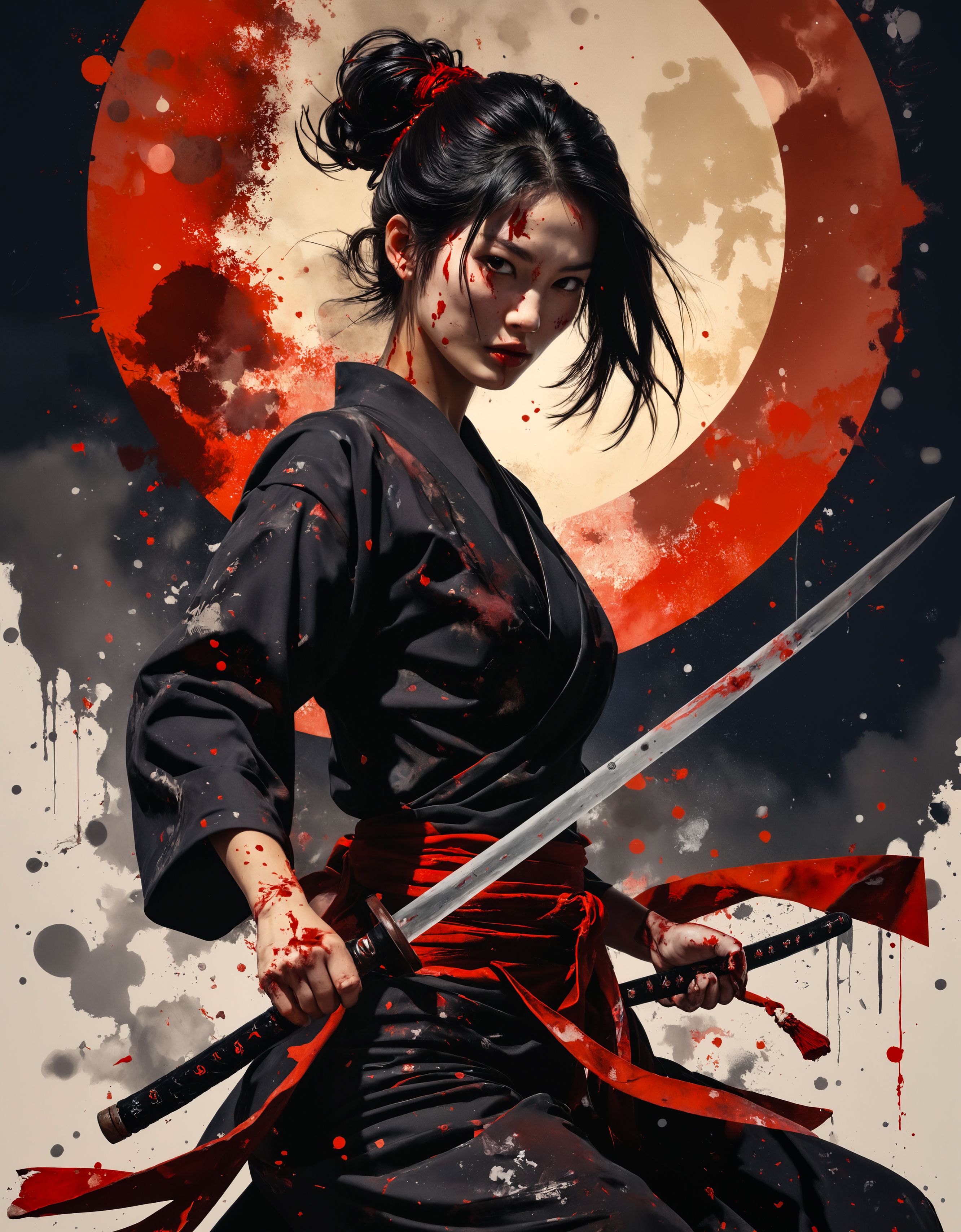splash art, portrait of beautiful oriental swordswoman, clad in black, holding a bloody katana, blod on the balde, swinging the katana in an arc, blood splatters, motion blur on the blade as it swings, red moon, dark clouds, atmospheric, direct gaze, blood splatter, sexy, atmospheric, masterpiece, best quality, vivid colors, masterpiece midjourneyv6.1 (in the style of Frank Frazetta painting) Dean Cornwell, design, 1970s, Russian Constructivist style, double exposure, volumetric lighting, expressive, ancient starchart, ink spattered background, warm colors, space, art deco, splatter, Japanese Woodblock print, planar rectilinear shapes, extreme energy, dynamic posing, Dutch angle, black, Crimson