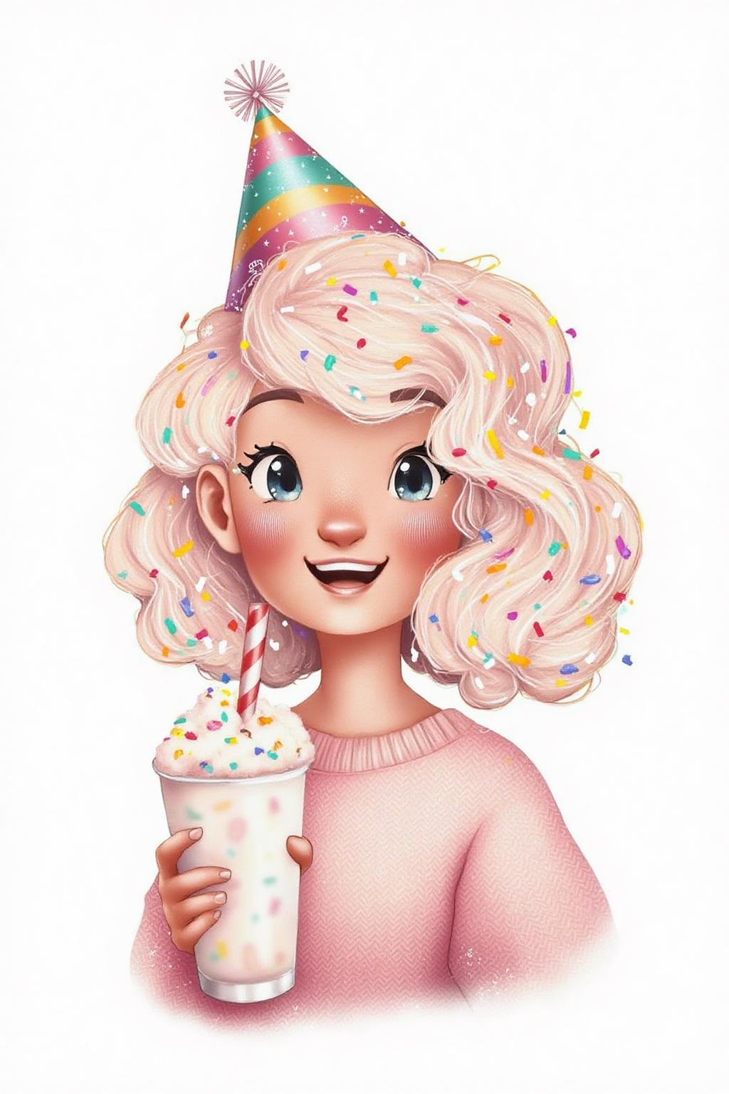 illustration.
A young girl with a joyful expression. She has curly, light pink hair styled in a loose, flowing manner, adorned with various sparkly stars and confetti-like elements, giving it a celebratory feel. Her eyes are large and expressive, with a bright, warm light emanating from them, and she is smiling warmly. She is holding a milk shake in her hand. <lora:alicesa1_cap_d6a3:1.0><lora:830692463975991671:0>
