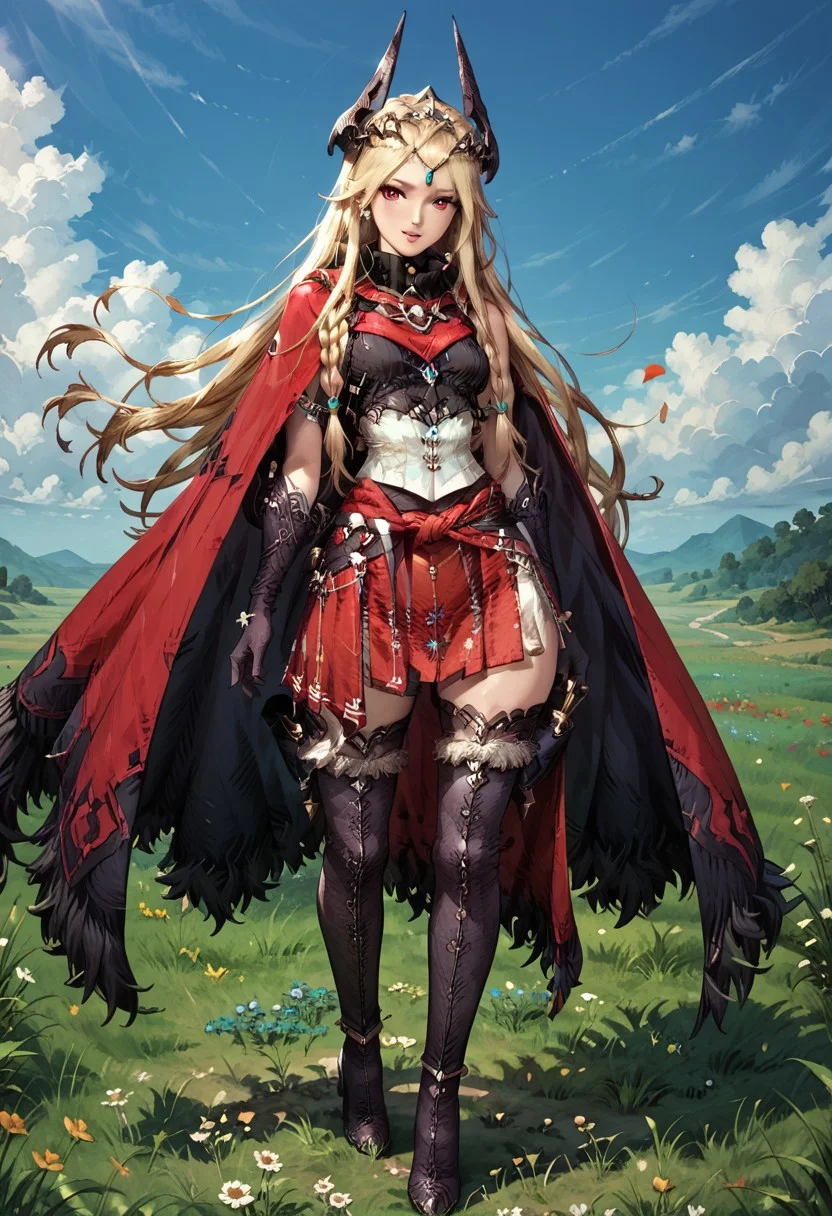 score_9, score_8_up, score_7_up,perfect eyes, 3seasramada, long flowing blonde hair, strands tied into braids, strands, braids, red eyes, red cape with emblem, cape, jewelry, horned tiara,split tiara, turtleneck, red_miniskirt, slit miniskirt, prints, season_necklace, thigh-high_highheels, season_gloves,black croptop, teal sarong tied around waist , outside, sky, field, grass, left arm stretched out, boots, open tiara, sleeveless