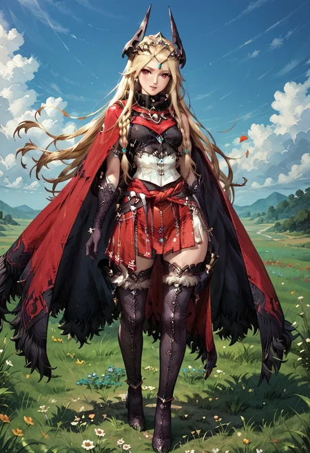 score_9, score_8_up, score_7_up,perfect eyes, 3seasramada, long flowing blonde hair, strands tied into braids, strands, braids, red eyes, red cape with emblem, cape, jewelry, horned tiara,split tiara, turtleneck, red_miniskirt, slit miniskirt, prints, season_necklace, thigh-high_highheels, season_gloves,black croptop, teal sarong tied around waist , outside, sky, field, grass, left arm stretched out, boots, open tiara, sleeveless