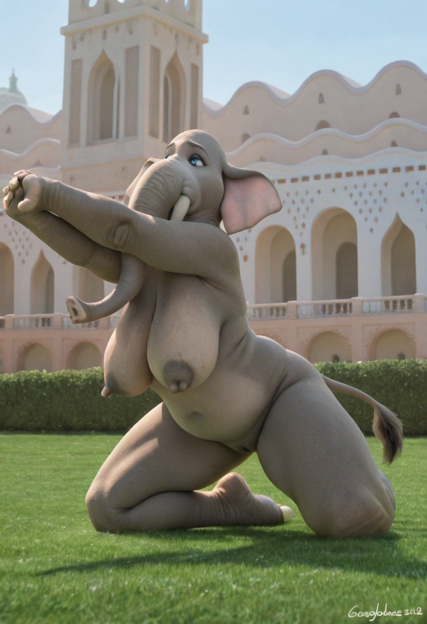 masterpiece, best quality, amazing quality, ((clothed)),
solo, furry,
(nangi:1.4), (female anthro elephant:1.2), blue eyes, elephant trunk, elephant tail, elephant feet, short tusks, pink ears,
gorgeous, curvaceous,
stretching, 
nude, on grass, building in the background, doing yoga, sweating, sweaty skin, huge sagging breasts,  
 <lora:Furry_Lora_Nangi_Zootopia:0.8>