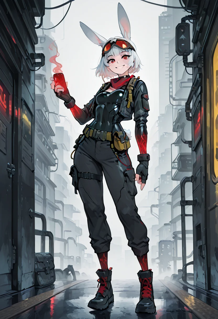 masterpiece, best quality, 1girl, solo, eyelashes, (beautiful eyes), narrow waist, wide hips, smile,    [Techwear Transit Hub] SilvaCitronOC, red eyes, white hair, short hair, rabbit ears, rabbit girl, animal nose, goggles on head, 1girl, solo, techwear jacket, tactical harness, utility belt, cargo pants, lace-up boots, gloves, subway platform, LED panels, smoke haze, techwear aesthetic â SilvaCitronOC waits at the edge of the platform, her silhouette sharp against flickering LED ads. Her jacketâs synthetic fibers shimmer faintly, pouches clipped with care to every strap. Steam curls from the tracks as a train screeches in, but her red eyes stay locked forward â calculating, calm, ready.   <lora:SilvaCitronOC_IXL:0.8>,   <lora:CoutureCraze_IXL:0.6>,