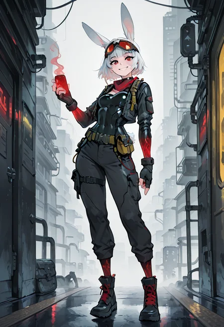 masterpiece, best quality, 1girl, solo, eyelashes, (beautiful eyes), narrow waist, wide hips, smile,    [Techwear Transit Hub] SilvaCitronOC, red eyes, white hair, short hair, rabbit ears, rabbit girl, animal nose, goggles on head, 1girl, solo, techwear jacket, tactical harness, utility belt, cargo pants, lace-up boots, gloves, subway platform, LED panels, smoke haze, techwear aesthetic â SilvaCitronOC waits at the edge of the platform, her silhouette sharp against flickering LED ads. Her jacketâs synthetic fibers shimmer faintly, pouches clipped with care to every strap. Steam curls from the tracks as a train screeches in, but her red eyes stay locked forward â calculating, calm, ready.   <lora:SilvaCitronOC_IXL:0.8>,   <lora:CoutureCraze_IXL:0.6>,